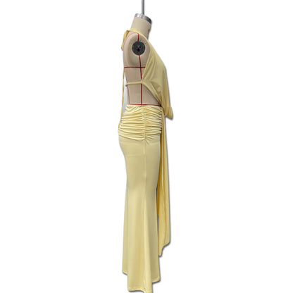 Sexy Blue Beach Sets Women's Halter V Neck Backless Crop Top Draped Long Skirt New Suit Summer Beachwear Holiday Vacation Yellow