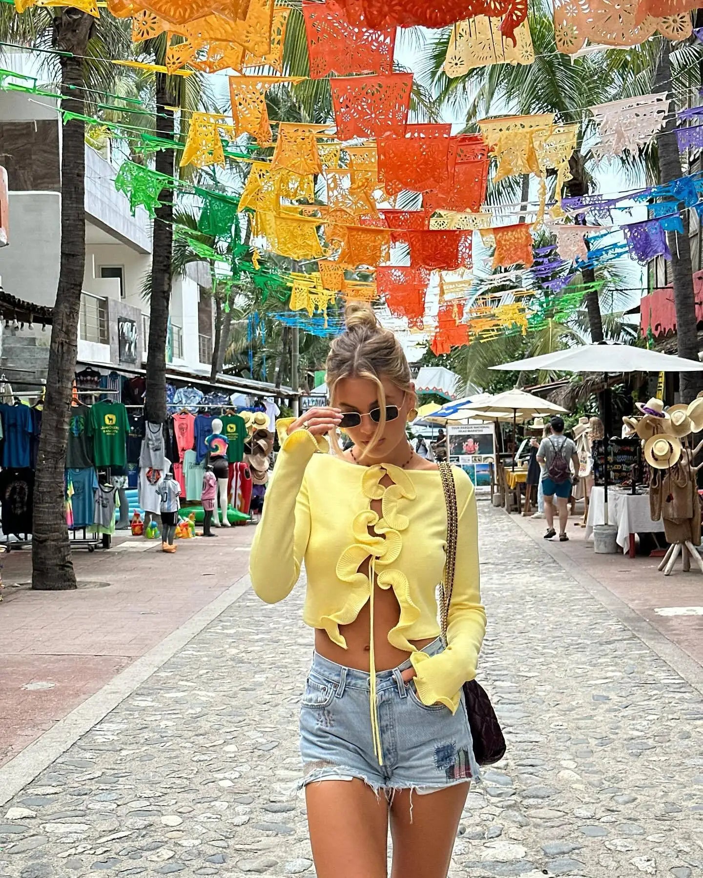 Women's Cropped Yellow Cardigan Long Sleeve Ruffles Tops Sweater Knitwears Black Top Outerwears 2025 Y2K Clothing New In Autumn