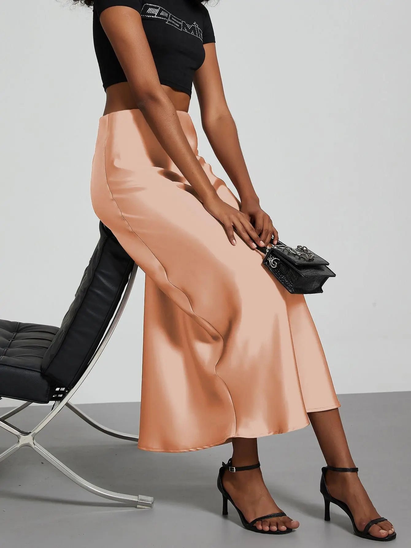 Satin Midi Skirt Women's High Waist Slik Skirts Female Clothing Black Fashion White Pink Blue Gray Burgundy Coffee Office Lady