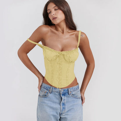 Elegant Summer Strapless T-shirts Corset Lace Tops Women Bandage T Shirt Y2K Chic Female Crop Top Black Red Blue White Yellow