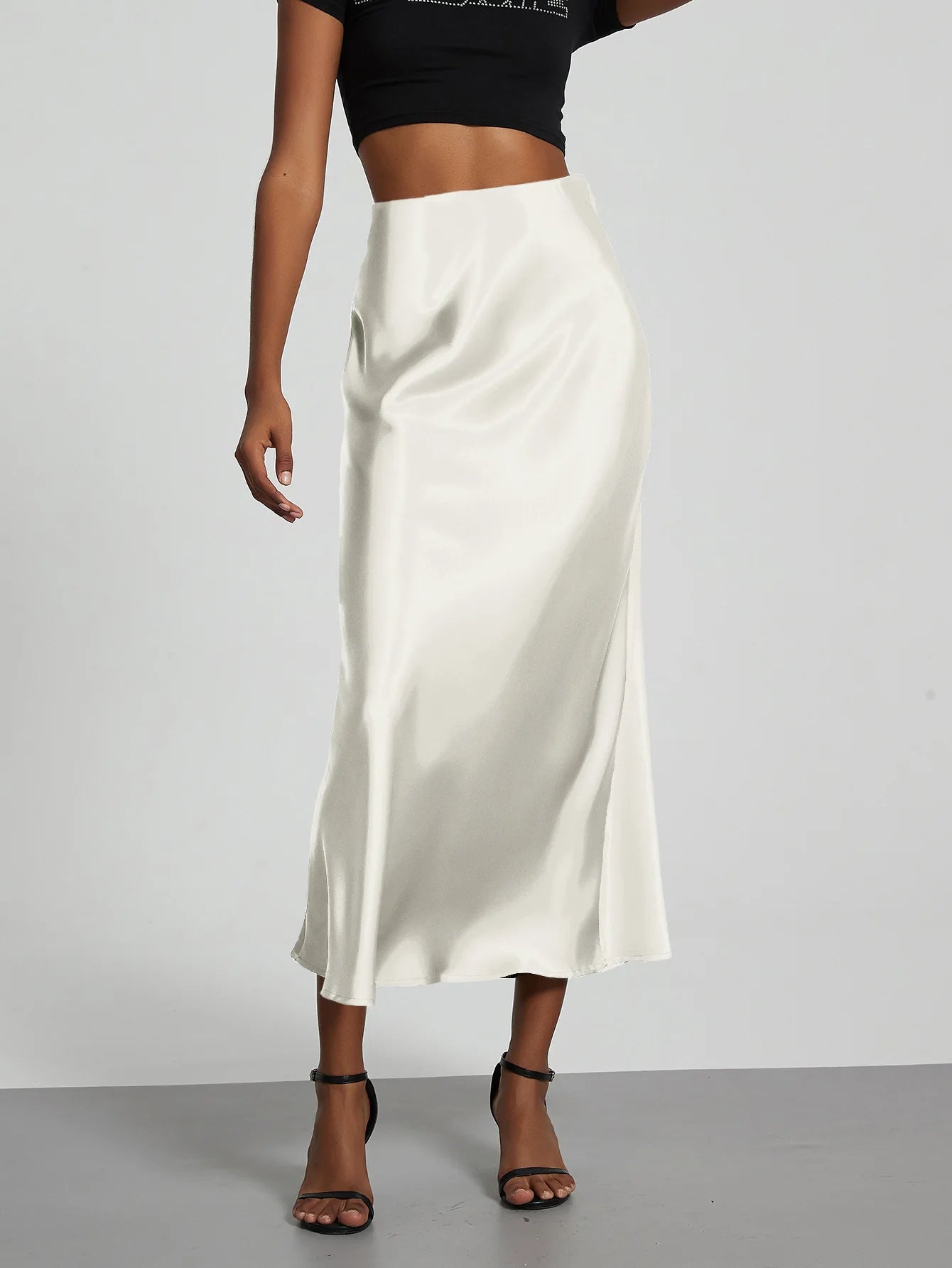 Satin Midi Skirt Women's High Waist Slik Skirts Female Clothing Black Fashion White Pink Blue Gray Burgundy Coffee Office Lady