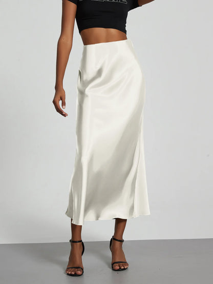 Satin Midi Skirt Women's High Waist Slik Skirts Female Clothing Black Fashion White Pink Blue Gray Burgundy Coffee Office Lady