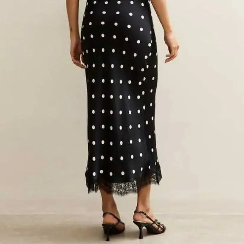 Satin Polka Dot Lace Patchwork Midi Skirt Women's High Waist Slik Skirts Female Clothing Black Fashion White Office Lady Summer