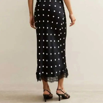 Satin Polka Dot Lace Patchwork Midi Skirt Women's High Waist Slik Skirts Female Clothing Black Fashion White Office Lady Summer