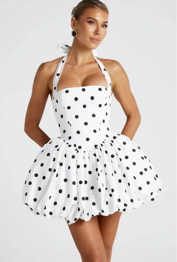 Elegant Polka Dot Corset Halter Mini Dress Women Puff Hem Short Dresses Summer Evening Party Birthday Wedding Guest Pink Black