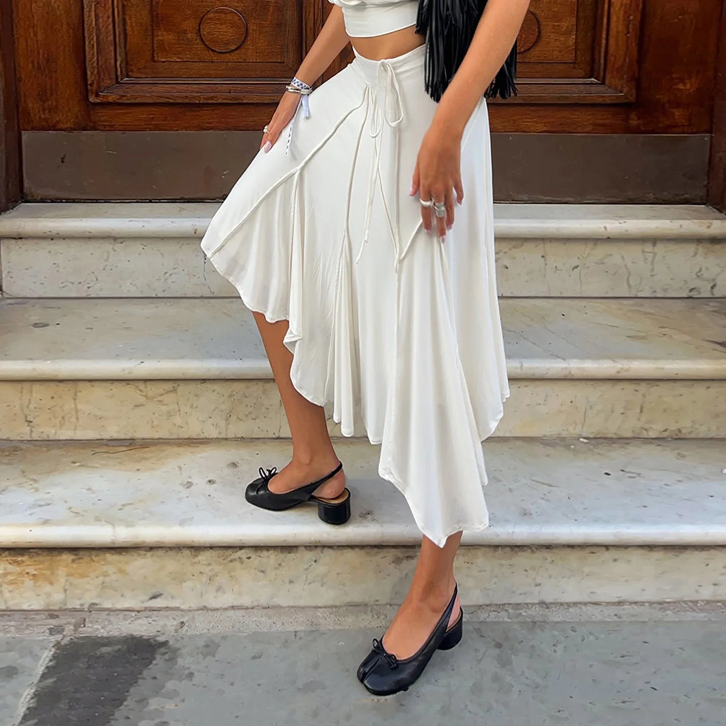 Elegant Irregular Midi Plated Skirt Women's High Waist Slim Pleated Skirts Y2K Female Clothing White Fashion Summer Autumn 2026
