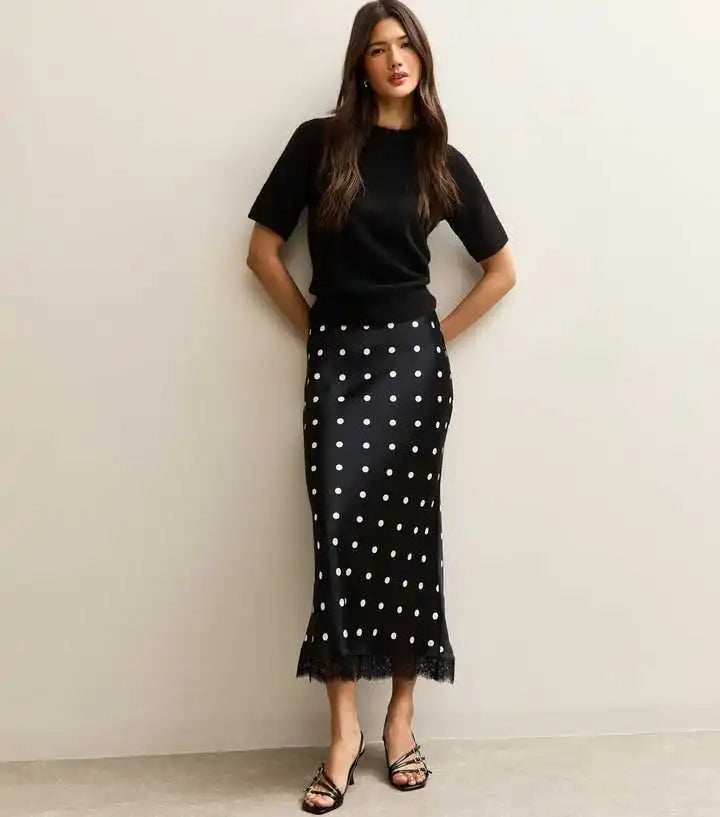 Satin Polka Dot Lace Patchwork Midi Skirt Women's High Waist Slik Skirts Female Clothing Black Fashion White Office Lady Summer