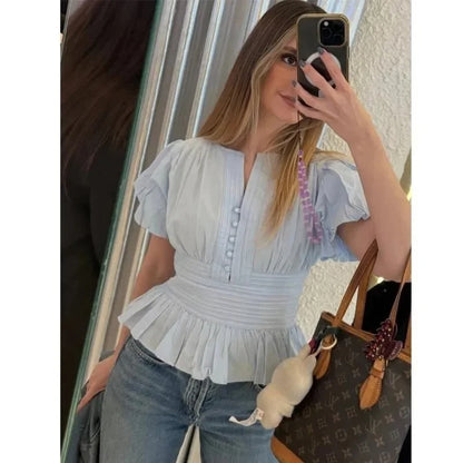 Elegant Ruffles Shirts Casual Women's Button Blouses Female Clothes Shirt Classic Tops Blouse White Pink Blue Summer 2026 Autumn