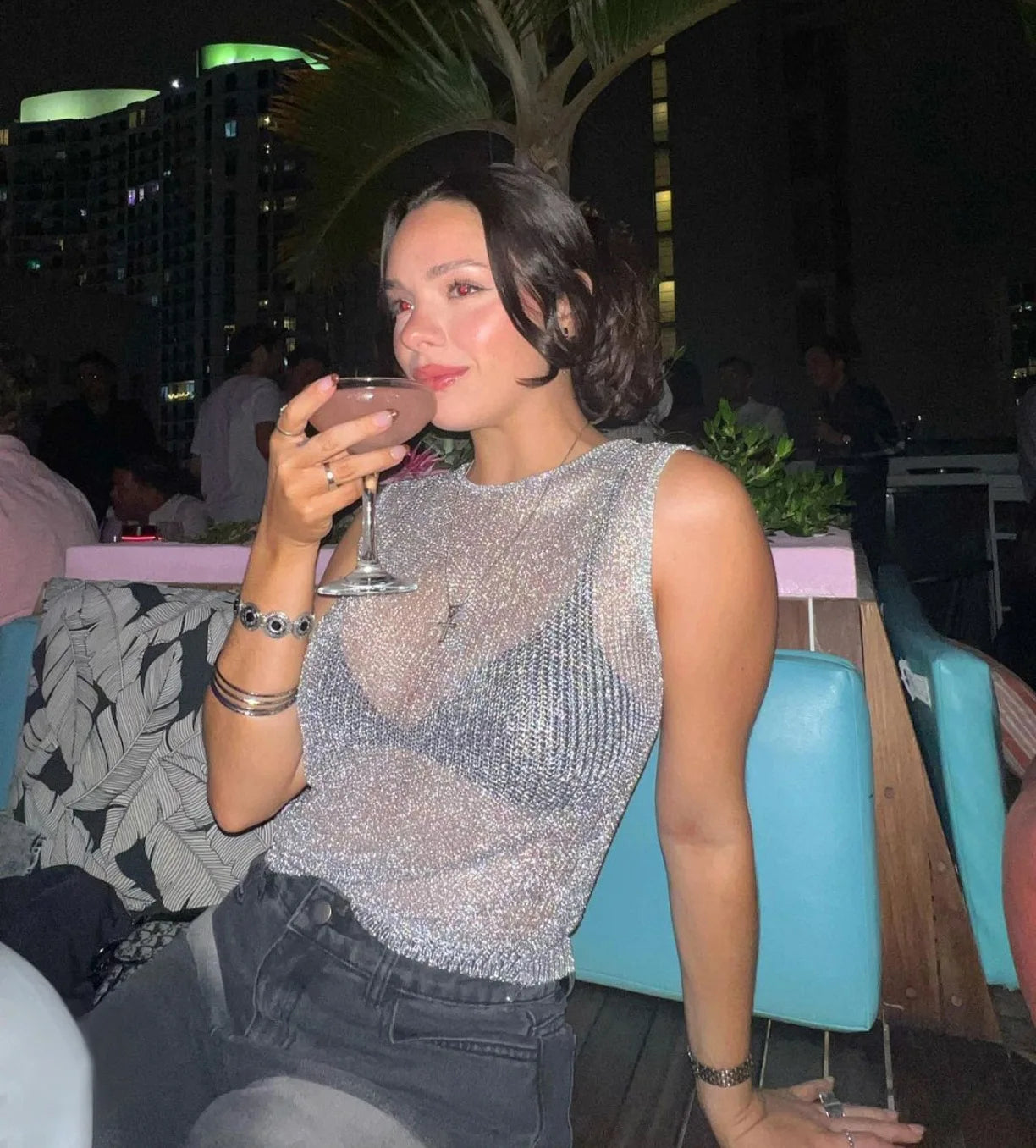 Women Sexy Mesh Sheer Glitter Sleeveless Tank Summer Shiny Cover Ups Y2K Cropped Tops See Through Mini Vest Streetwear Tops 2024
