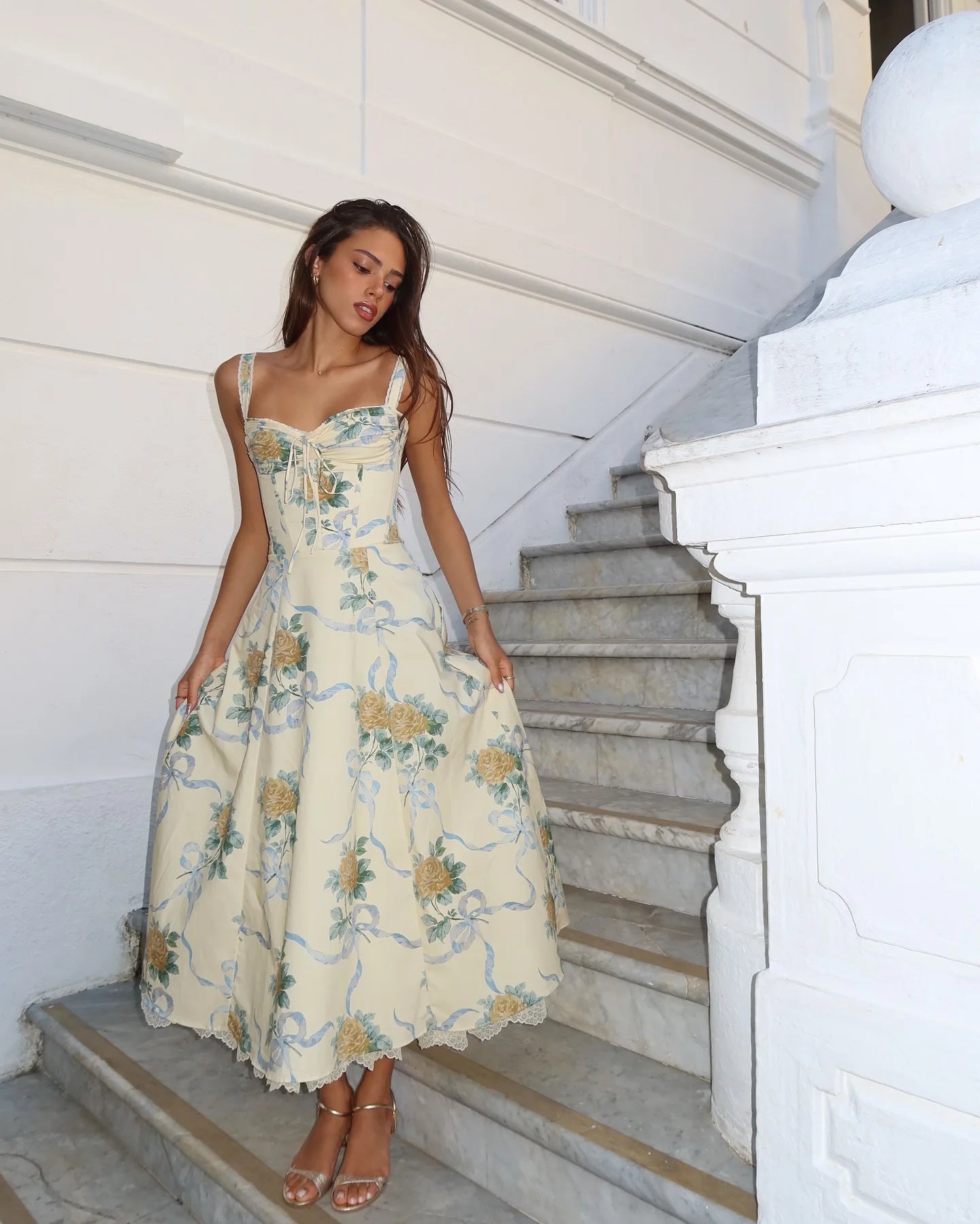 Sexy Lace Floral Midi Dress Elegant Women's Sundress Female Clothing Sun Print Dresses Summer Holiday Vacation 2026 Yellow Pink