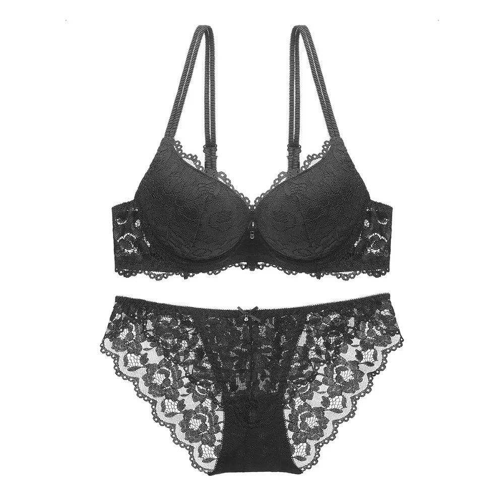 Comfortable Mesh Lace Flower Bra Low Waist Bowknot Bra Panties Set Non Slip Intimates Push Up Bra Women Summer