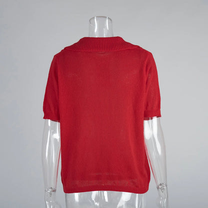 Summer Women's Polo Collar Knitted Short Sleeves Sweater Transparent T-shirt Female Simple 2025 Pink Yellow Gray Blue Red White