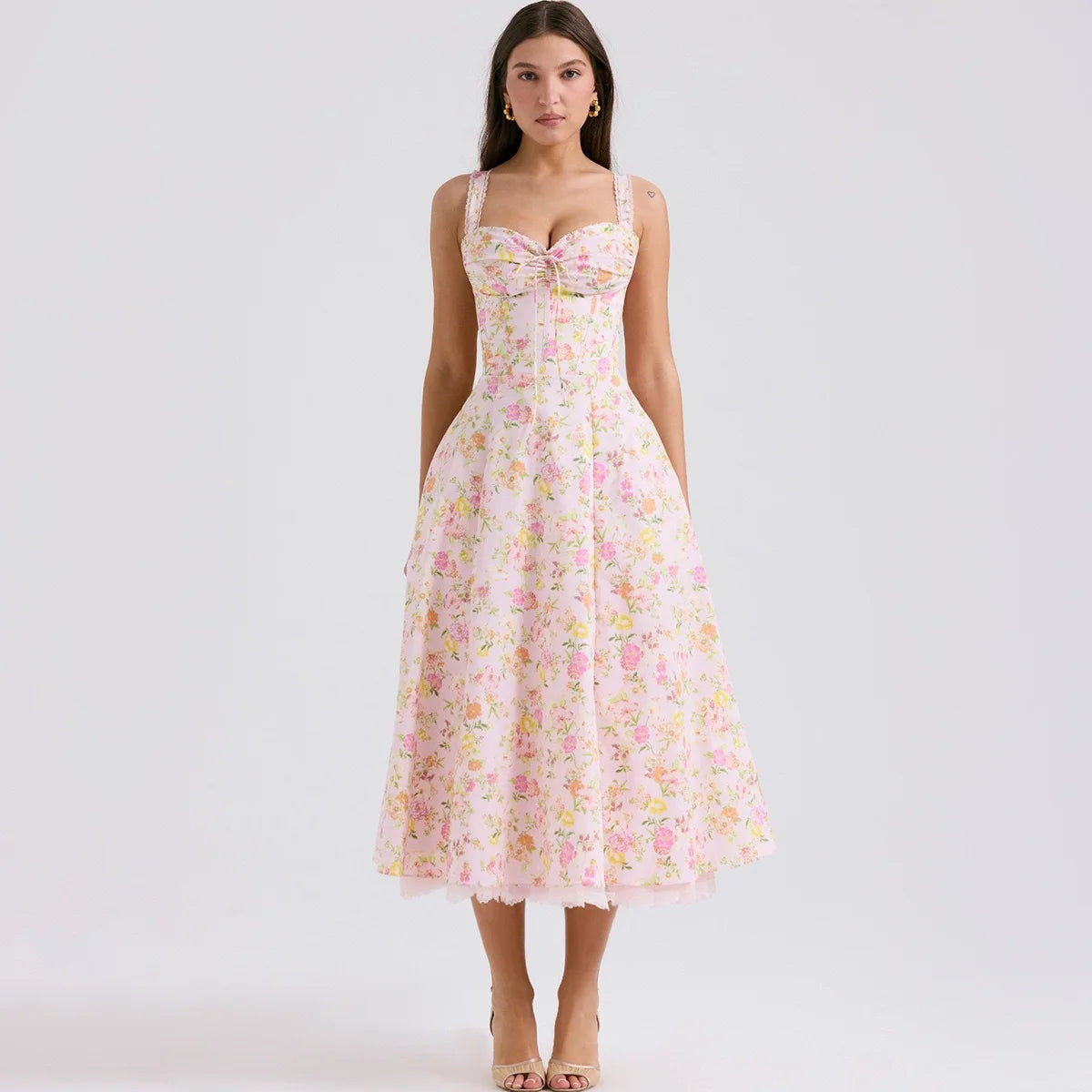 Sexy Lace Floral Midi Dress Elegant Women's Sundress Female Clothing Sun Print Dresses Summer Holiday Vacation 2026 Yellow Pink