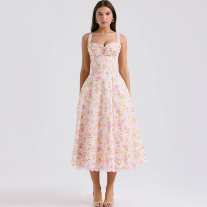 Sexy Lace Floral Midi Dress Elegant Women's Sundress Female Clothing Sun Print Dresses Summer Holiday Vacation 2026 Yellow Pink