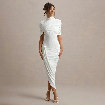 Elegant Women's Tight Curvy Midi Dress Sexy Backless Draped Bodycon Dresses Evening Party Wedding Guest Summer New Yellow White