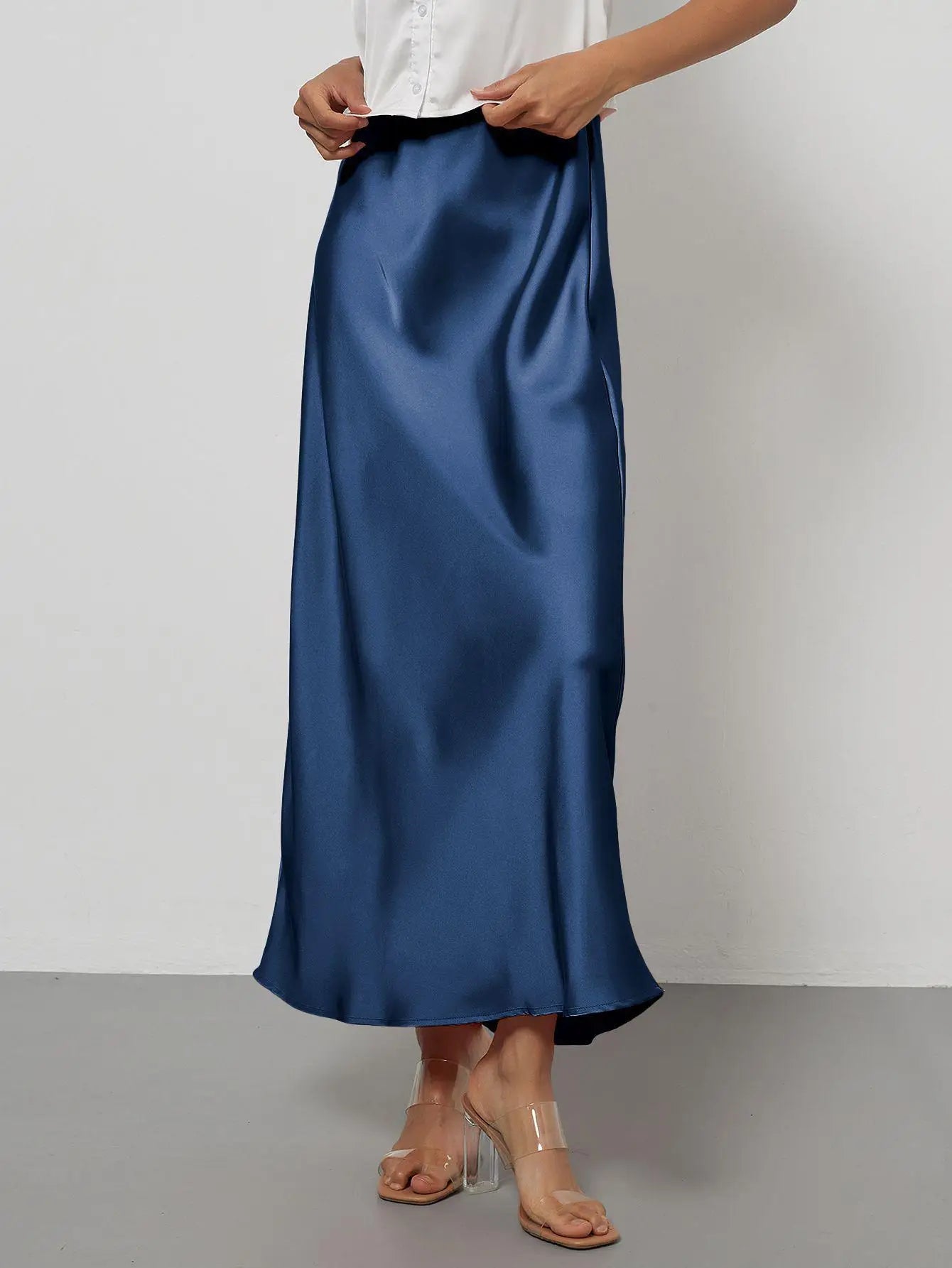 Satin Midi Skirt Women's High Waist Slik Skirts Female Clothing Black Fashion White Pink Blue Gray Burgundy Coffee Office Lady