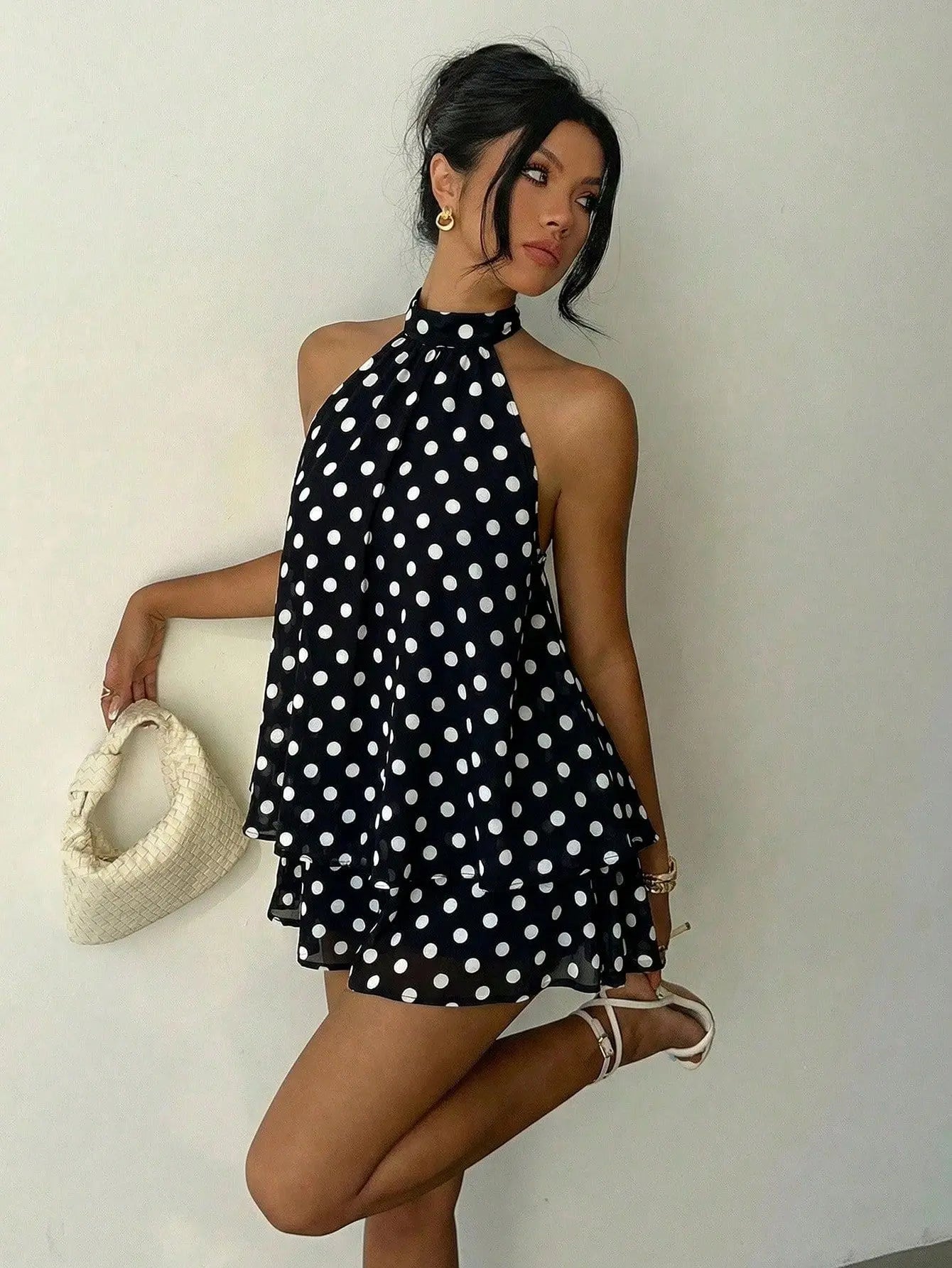 Sexy Yellow Chiffon Backless Mini Dress Women's Halter Casual Short Dresses Summer Khaki Brown Blue Pink Polka Dot Floral New