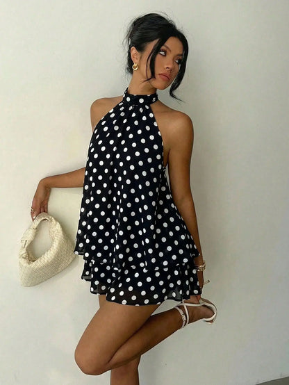Sexy Yellow Chiffon Backless Mini Dress Women's Halter Casual Short Dresses Summer Khaki Brown Blue Pink Polka Dot Floral New