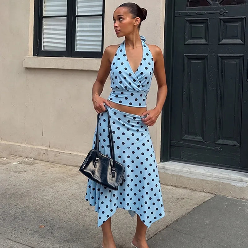 Blue Irregular Polka Dot Beach Sets Women's Halter Backless Crop Top Midi Skirt Matching Set Suit Summer Wear Holiday Vacation