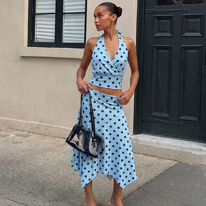 Blue Irregular Polka Dot Beach Sets Women's Halter Backless Crop Top Midi Skirt Matching Set Suit Summer Wear Holiday Vacation