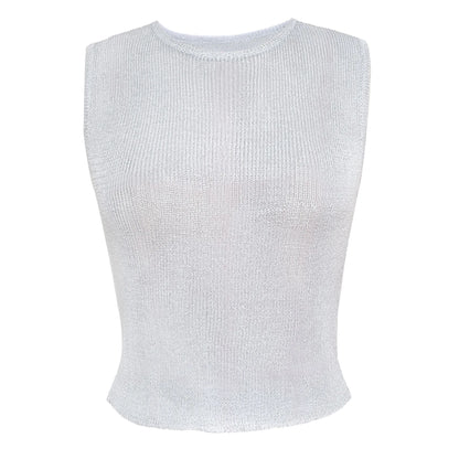Women Sexy Mesh Sheer Glitter Sleeveless Tank Summer Shiny Cover Ups Y2K Cropped Tops See Through Mini Vest Streetwear Tops 2024