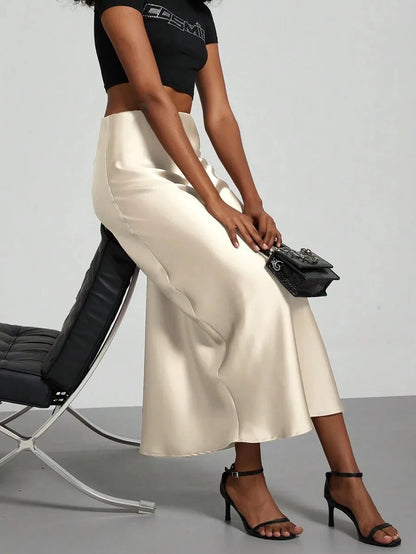 Satin Midi Skirt Women's High Waist Slik Skirts Female Clothing Black Fashion White Pink Blue Gray Burgundy Coffee Office Lady