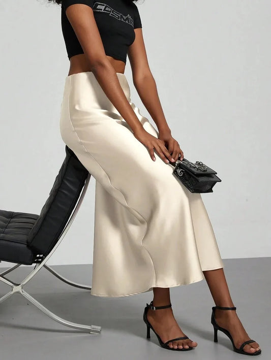 Satin Midi Skirt Women's High Waist Slik Skirts Female Clothing Black Fashion White Pink Blue Gray Burgundy Coffee Office Lady