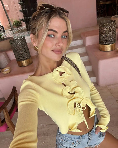 Women's Cropped Yellow Cardigan Long Sleeve Ruffles Tops Sweater Knitwears Black Top Outerwears 2025 Y2K Clothing New In Autumn