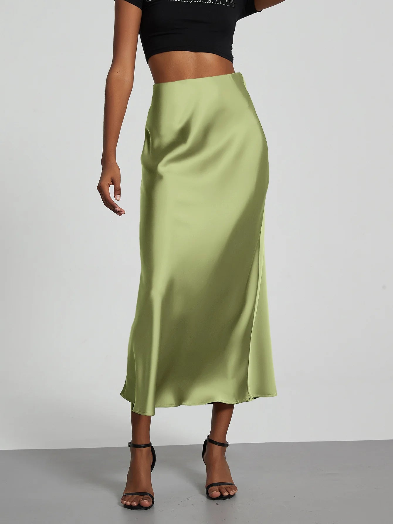 Satin Midi Skirt Women's High Waist Slik Skirts Female Clothing Black Fashion White Pink Blue Gray Burgundy Coffee Office Lady