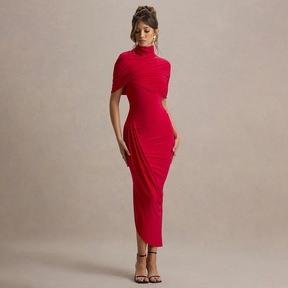 Elegant Women's Tight Curvy Midi Dress Sexy Backless Draped Bodycon Dresses Evening Party Wedding Guest Summer New Yellow White