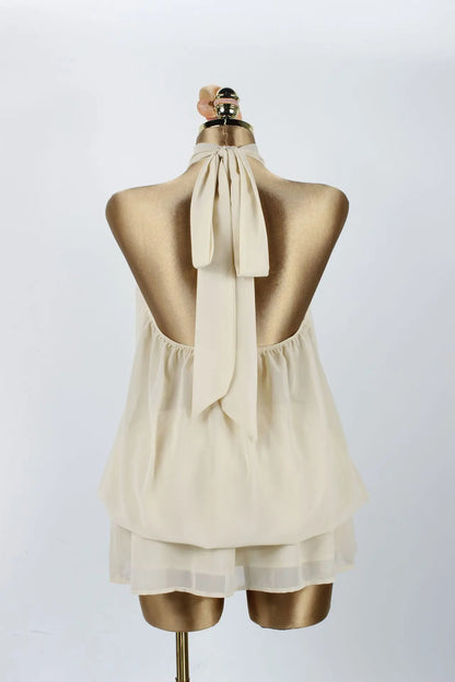 Sexy Yellow Chiffon Backless Mini Dress Women's Halter Casual Short Dresses Summer Khaki Brown Blue Pink Polka Dot Floral New
