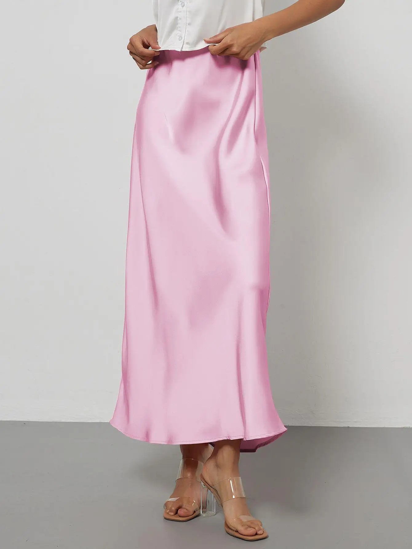 Satin Midi Skirt Women's High Waist Slik Skirts Female Clothing Black Fashion White Pink Blue Gray Burgundy Coffee Office Lady
