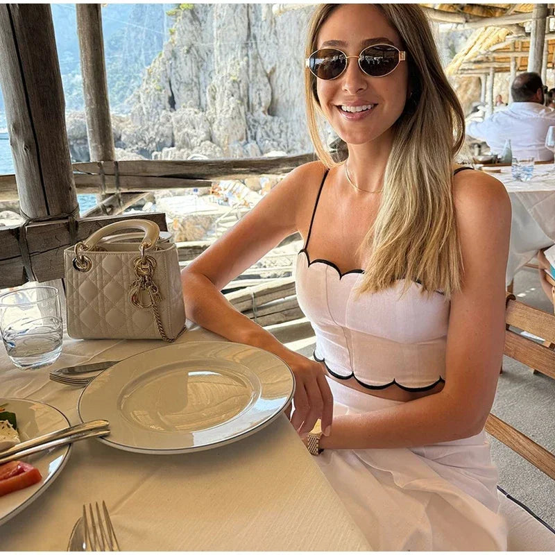 Elegant White Ruffle Beach Sets Women's Strap Backless Crop Top Long Skirt 2 Pieces Set Summer Beachwear Party Holiday Vacation