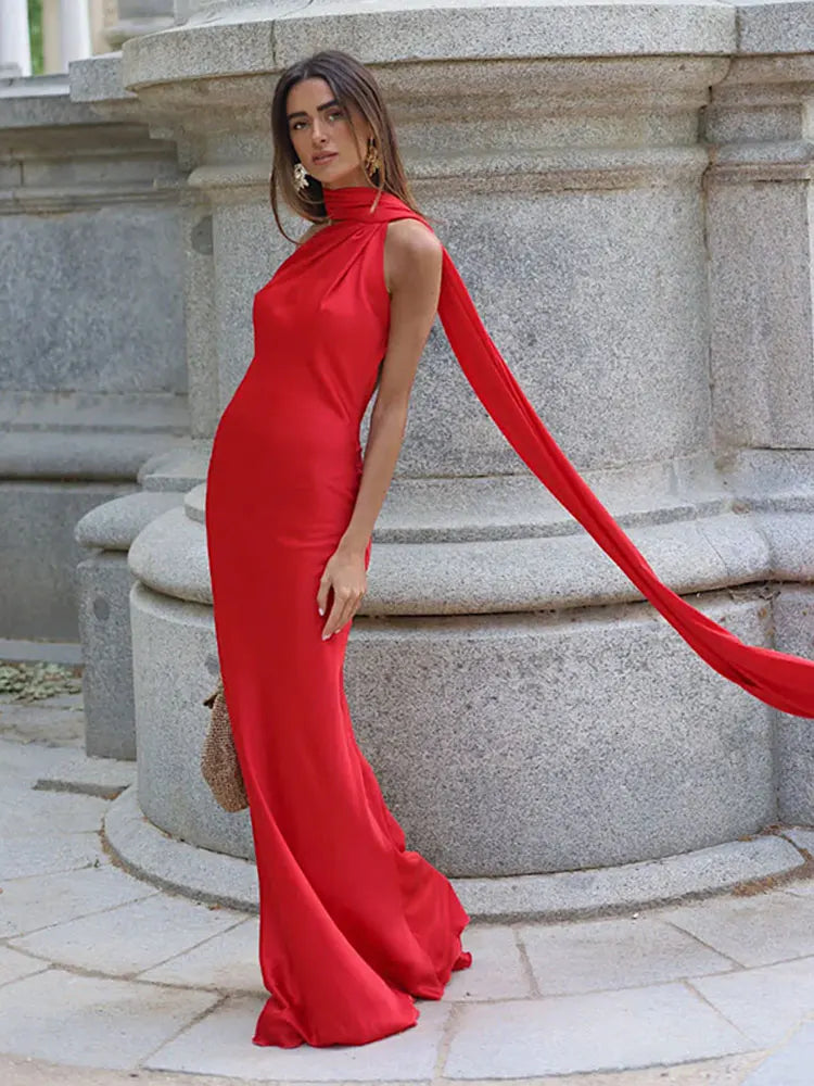 Satin Ribbon Long Dresses Women's Backless Casual Silk Dress Evening Wedding Guest Blue Green Black Yellow Red Pink Summer Prom