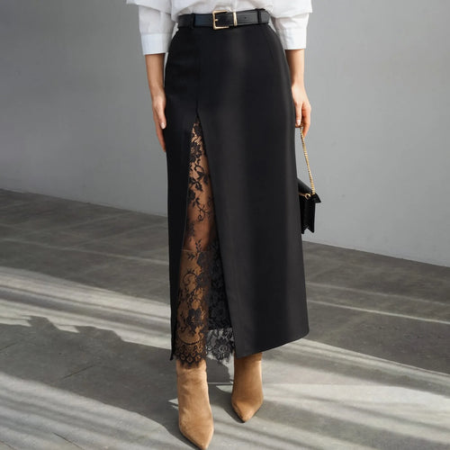 Elegant Lace Patchwork Skirt Women's High Waist Slim Split Skirts Female Clothing Fashion Summer Autumn 2026 Office Lady New In