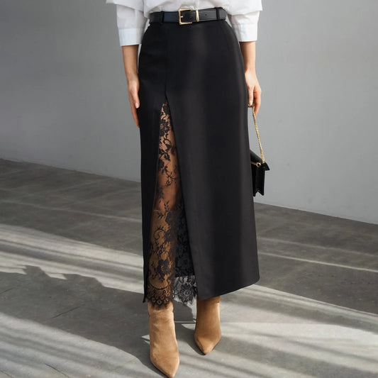 Elegant Lace Patchwork Skirt Women's High Waist Slim Split Skirts Female Clothing Fashion Summer Autumn 2026 Office Lady New In