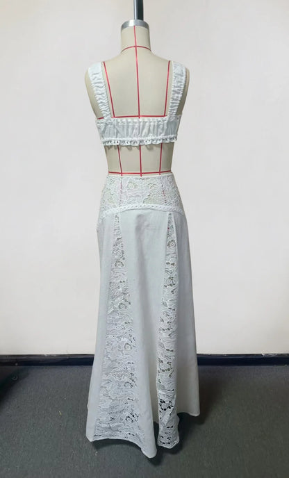 White Lace Beach 2 Pieces Sets Cover Up Women's Backless Crop Top Long Skirt Matching Set Suit Summer Holiday Vacation Outfit