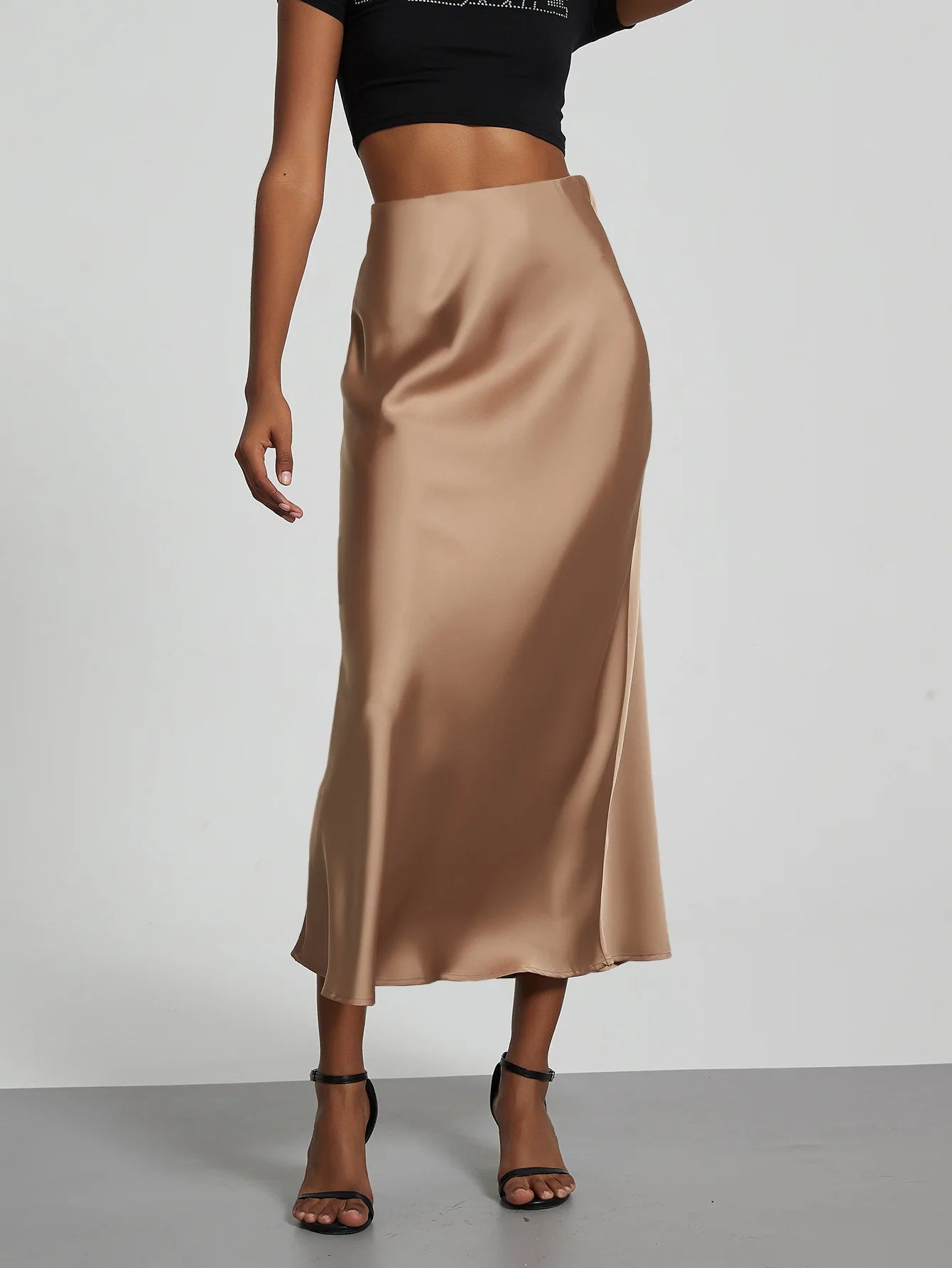 Satin Midi Skirt Women's High Waist Slik Skirts Female Clothing Black Fashion White Pink Blue Gray Burgundy Coffee Office Lady