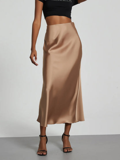 Satin Midi Skirt Women's High Waist Slik Skirts Female Clothing Black Fashion White Pink Blue Gray Burgundy Coffee Office Lady