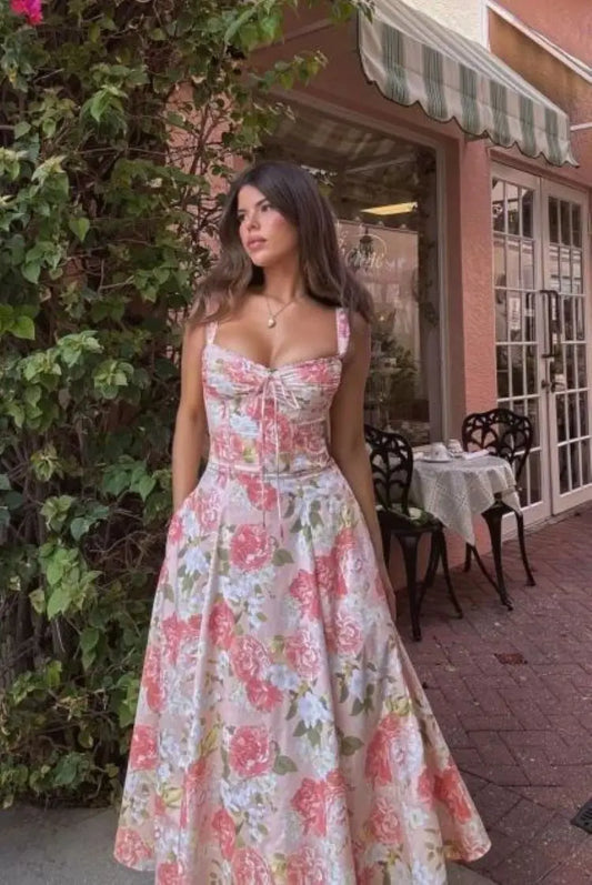 Sexy Lace Floral Midi Dress Elegant Women's Sundress Female Clothing Sun Print Dresses Summer Holiday Vacation 2026 Yellow Pink