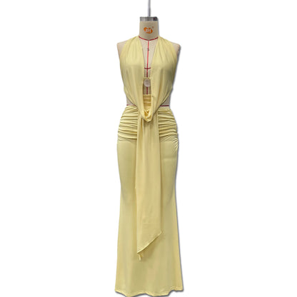 Sexy Blue Beach Sets Women's Halter V Neck Backless Crop Top Draped Long Skirt New Suit Summer Beachwear Holiday Vacation Yellow