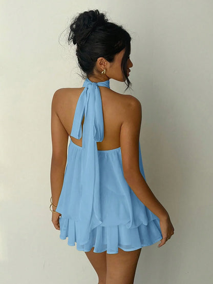Sexy Yellow Chiffon Backless Mini Dress Women's Halter Casual Short Dresses Summer Khaki Brown Blue Pink Polka Dot Floral New