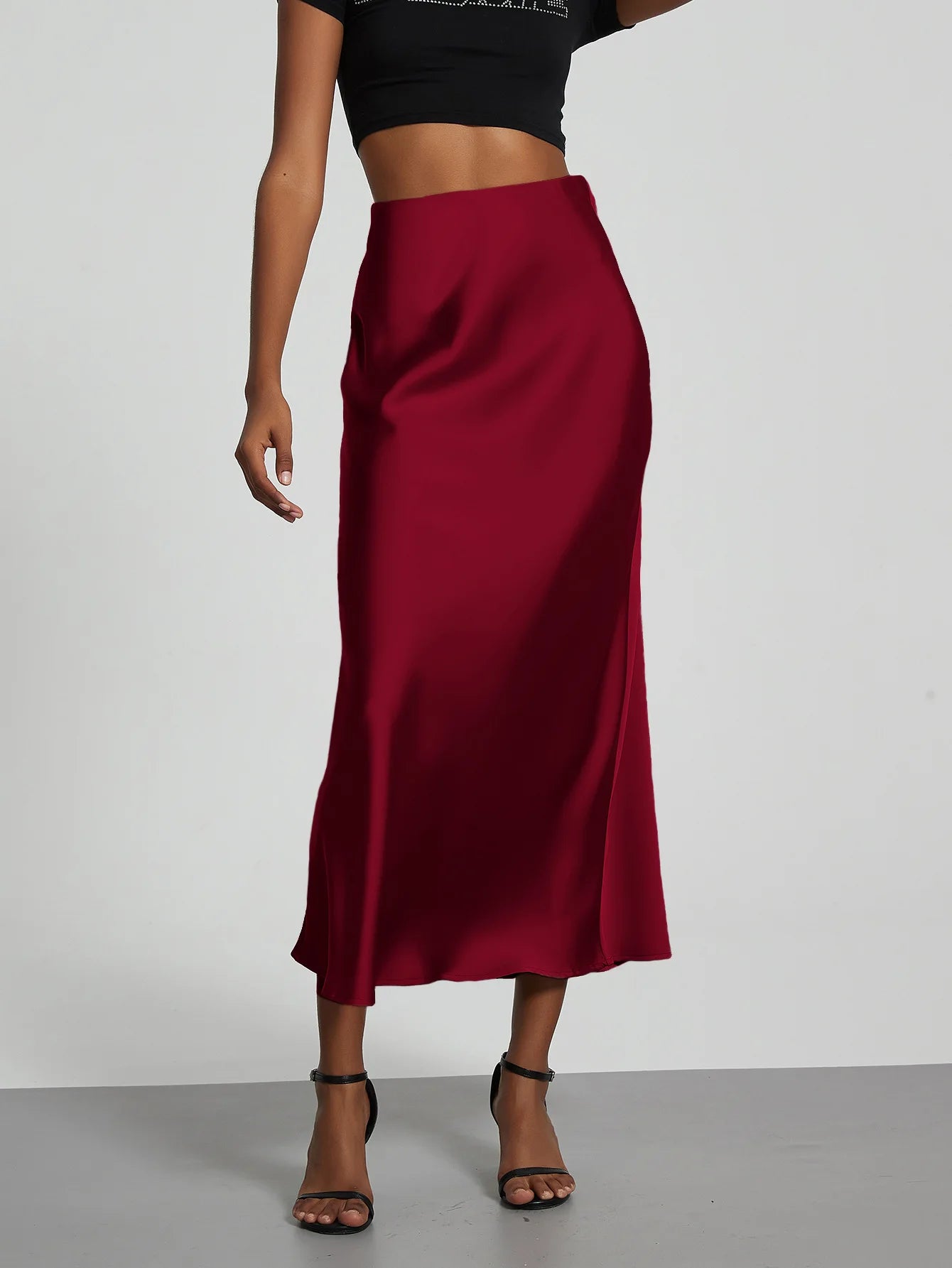 Satin Midi Skirt Women's High Waist Slik Skirts Female Clothing Black Fashion White Pink Blue Gray Burgundy Coffee Office Lady
