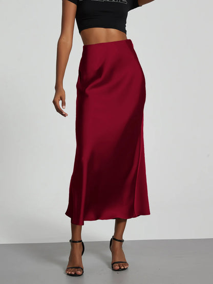 Satin Midi Skirt Women's High Waist Slik Skirts Female Clothing Black Fashion White Pink Blue Gray Burgundy Coffee Office Lady