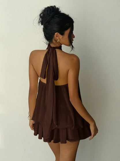 Sexy Yellow Chiffon Backless Mini Dress Women's Halter Casual Short Dresses Summer Khaki Brown Blue Pink Polka Dot Floral New
