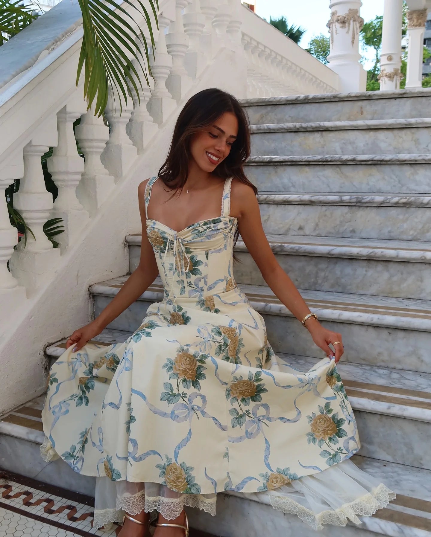 Sexy Lace Floral Midi Dress Elegant Women's Sundress Female Clothing Sun Print Dresses Summer Holiday Vacation 2026 Yellow Pink