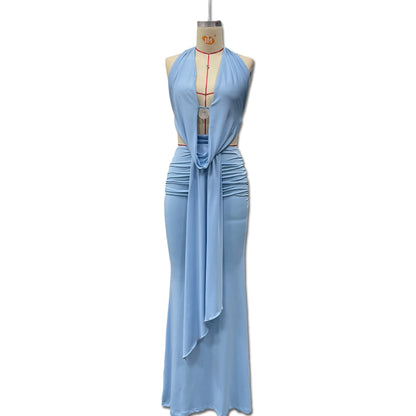 Sexy Blue Beach Sets Women's Halter V Neck Backless Crop Top Draped Long Skirt New Suit Summer Beachwear Holiday Vacation Yellow
