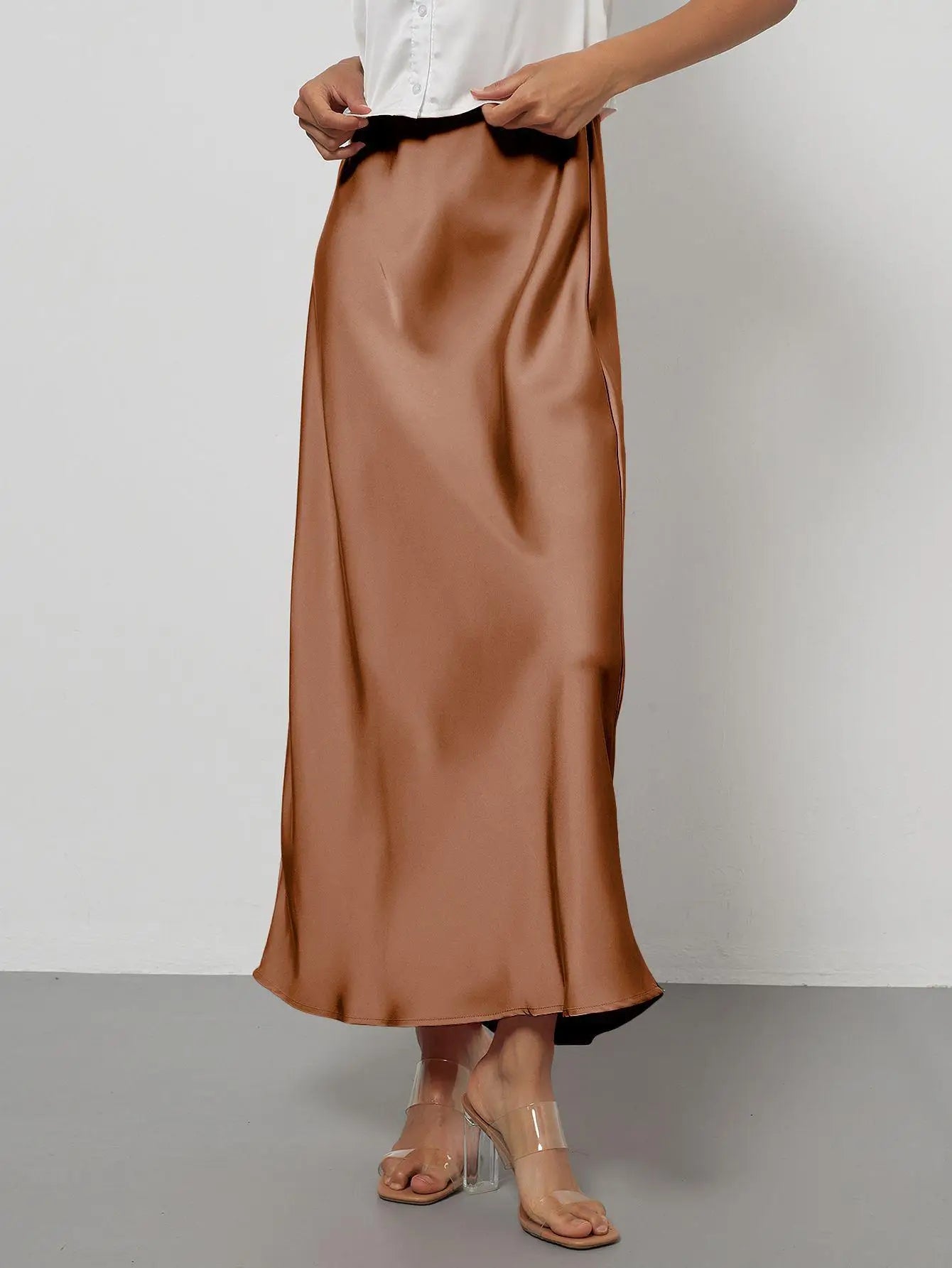 Satin Midi Skirt Women's High Waist Slik Skirts Female Clothing Black Fashion White Pink Blue Gray Burgundy Coffee Office Lady