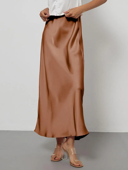 Satin Midi Skirt Women's High Waist Slik Skirts Female Clothing Black Fashion White Pink Blue Gray Burgundy Coffee Office Lady