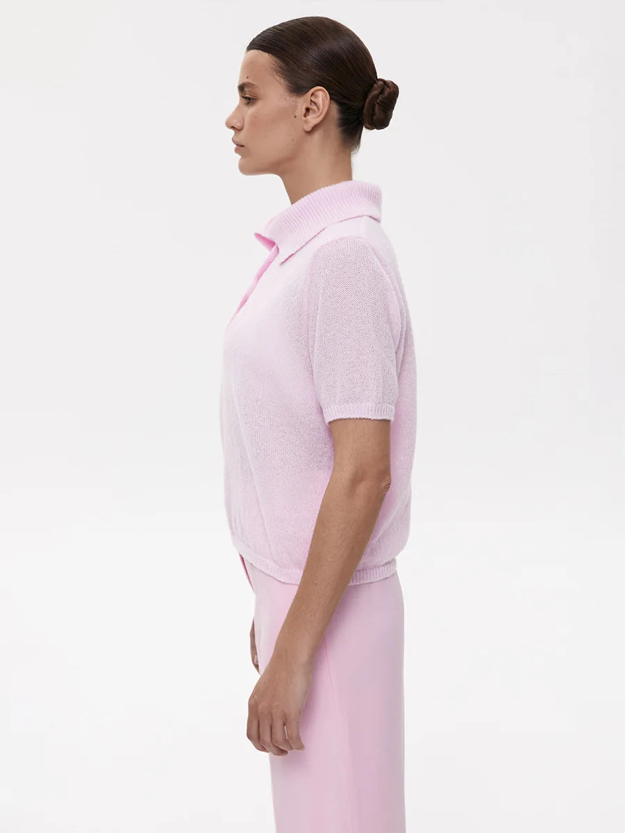 Summer Women's Polo Collar Knitted Short Sleeves Sweater Transparent T-shirt Female Simple 2025 Pink Yellow Gray Blue Red White